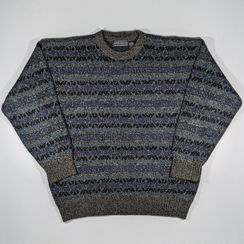 Vintage David Taylor Sweater Men's Size XL Tall Geometric Pattern Blue 90s